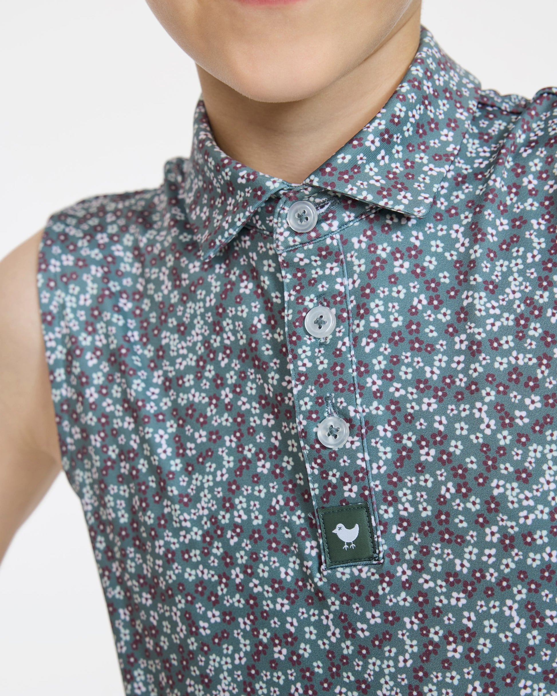 Bad Birdie Youth Polo - Ditsy Down - Dark Forest Sleeveless