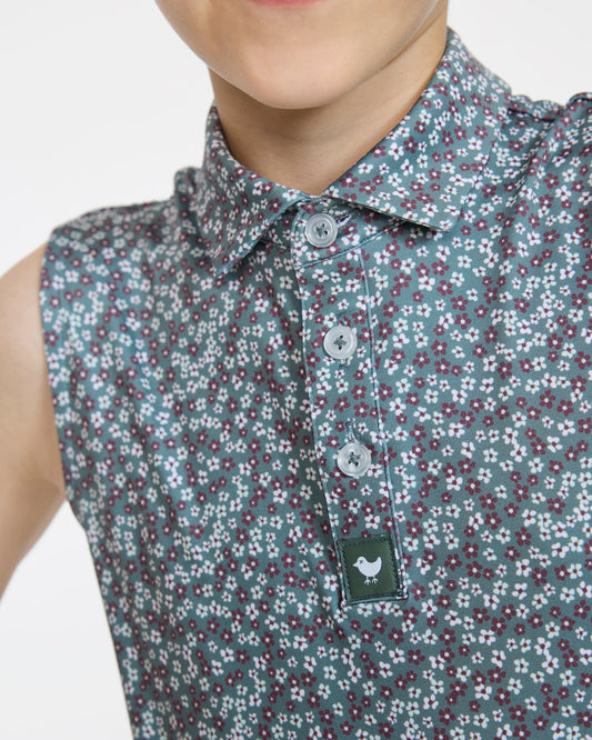 Bad Birdie Youth Polo - Ditsy Down - Dark Forest Sleeveless