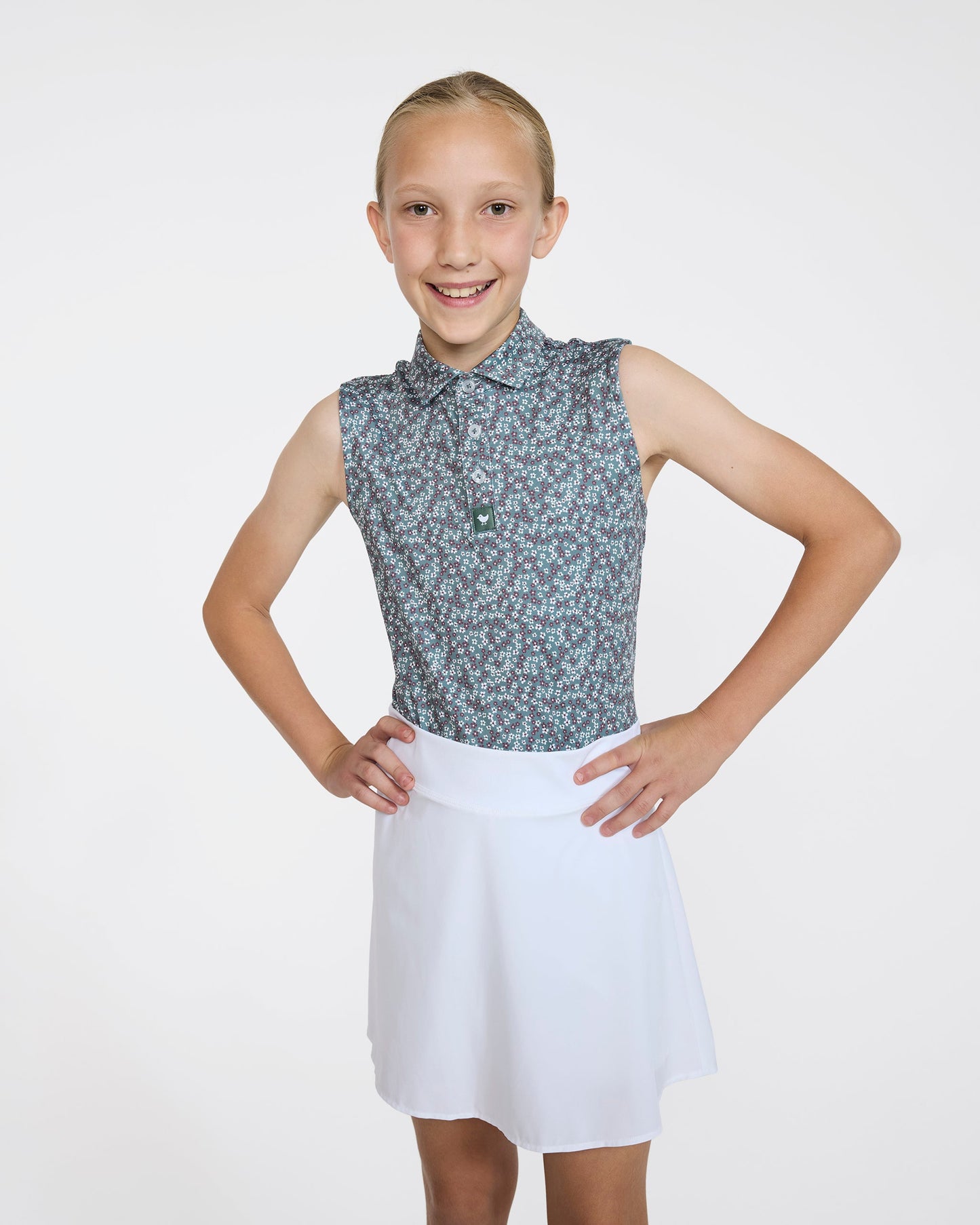 Bad Birdie Youth Polo - Ditsy Down - Dark Forest Sleeveless