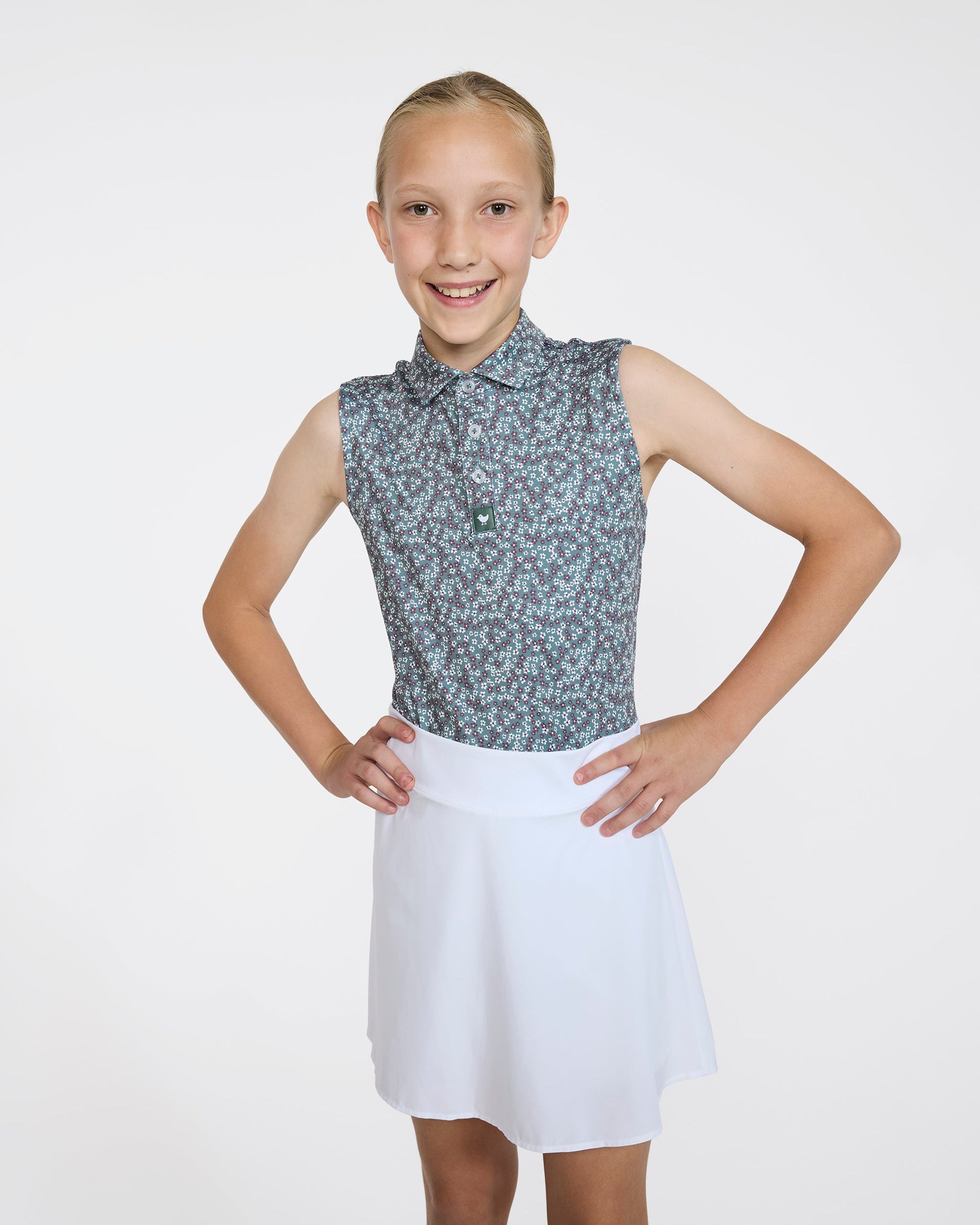 Bad Birdie Youth Polo - Ditsy Down - Dark Forest Sleeveless